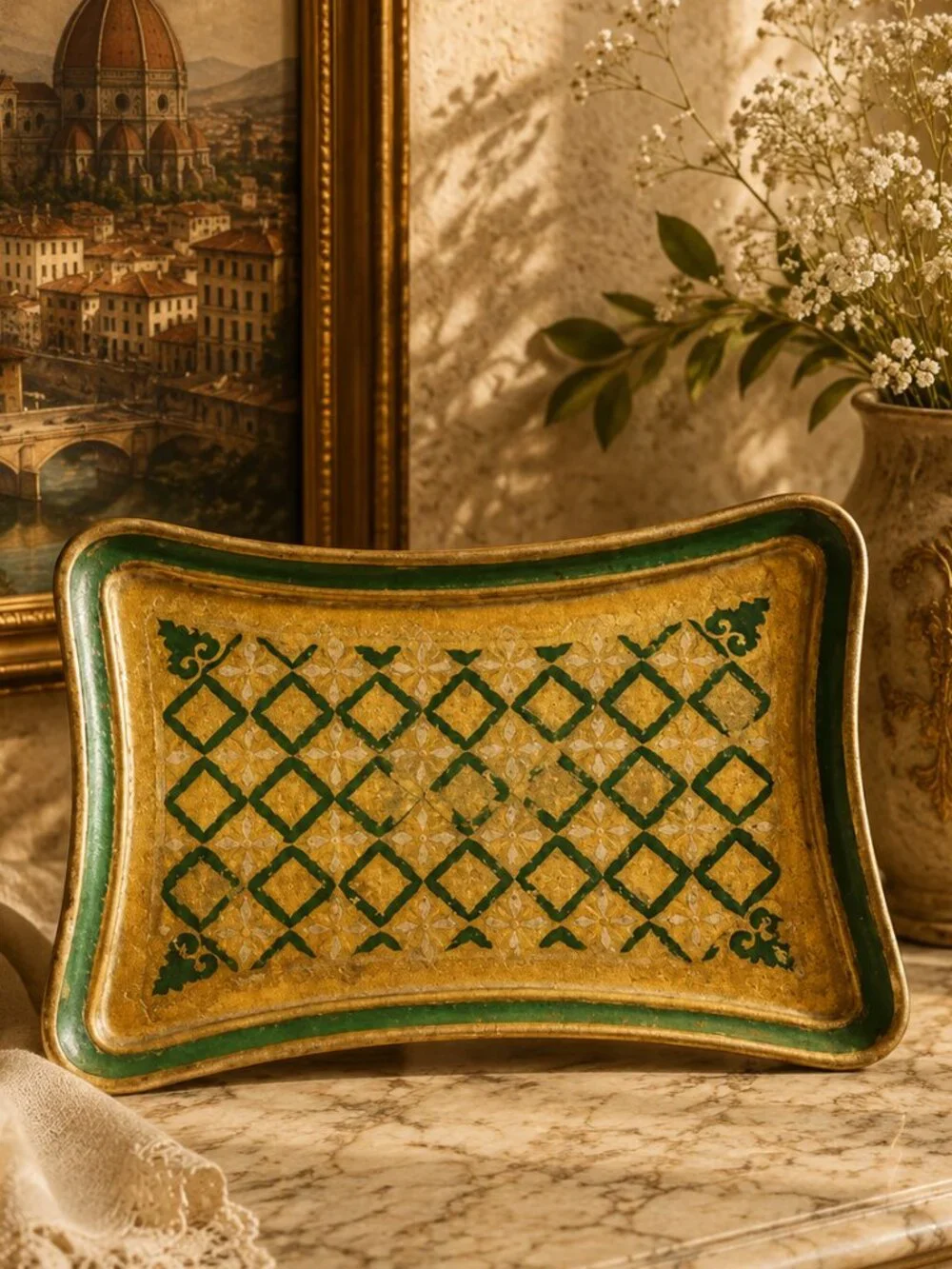 Vintage Large Italian Florentine Ornate Hand-Painted Carved Wooden Serving Tray